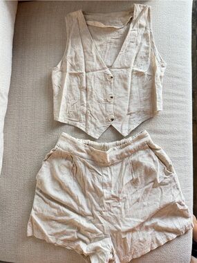 Neutral Beige Two-Piece Linen Blend Jumpsuit Set